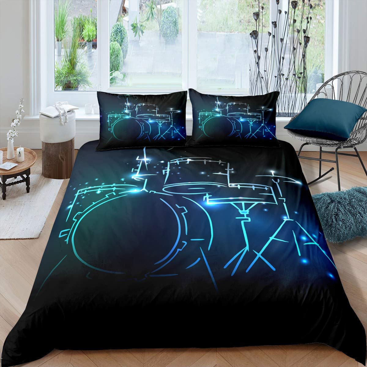 Loussiesd Rock Instrument Comforter Cover Set Drum Kit Duvet Cover for Boys Teens Man Music Theme Bedding Set Creative Fluorescent Quilt Cover Fashion Bedroom Decor 3Pcs Super King Size