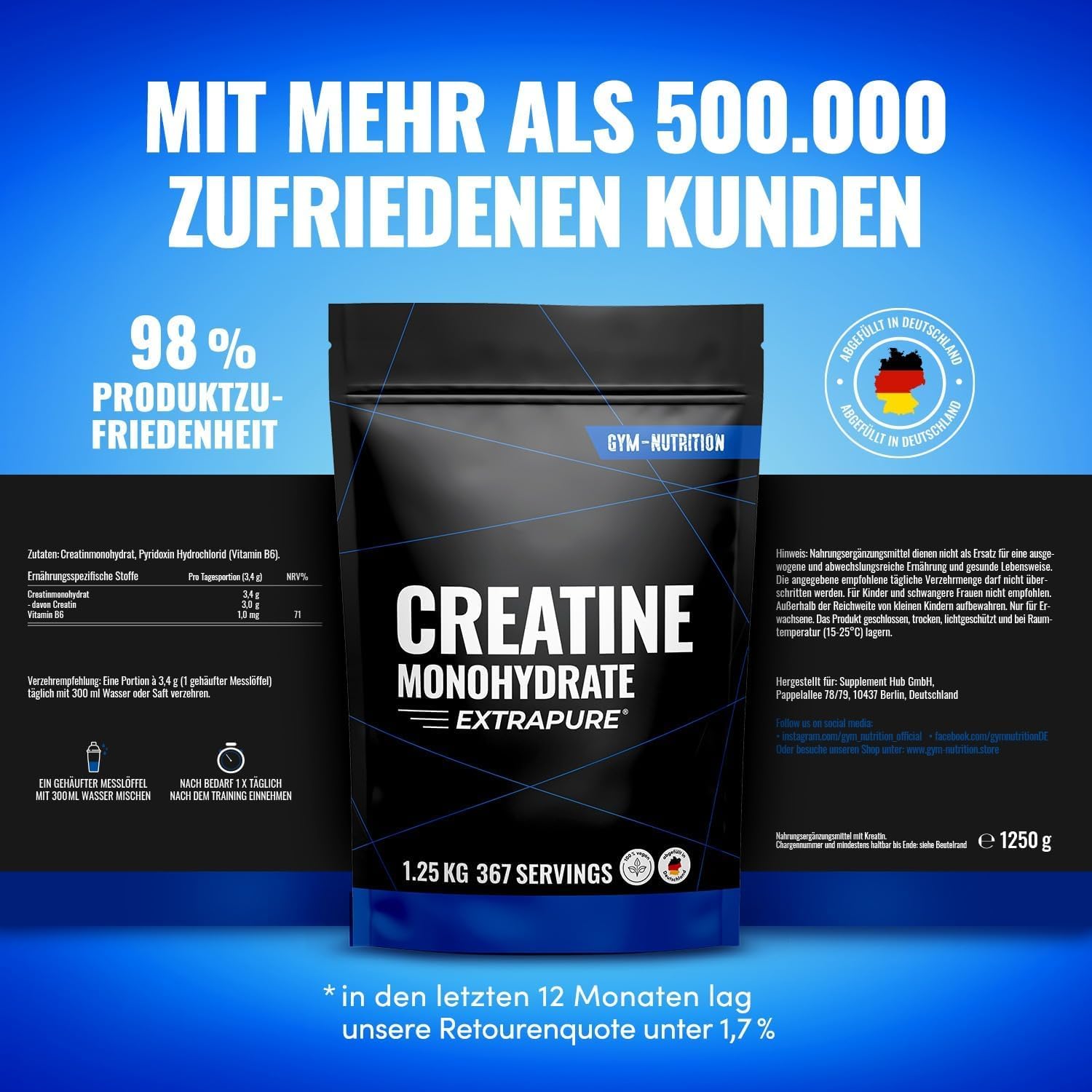 Creatin Monohydrat Pulver 1,25kg / 1250g - Ultra Reines Kreatin Monohydrat mit Vitamin B6 -Hochdosiert - Extrapure Creatine Monohydrat - Creatin Pulver Monohydrate - Vegan Jahresvorrat 3