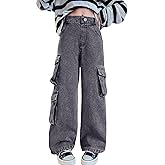 Bolknokin Girls Baggy Cargo Jeans Y2K Kids Wide Leg Hip Hop Loose Casual Trousers Size 6-14 Years