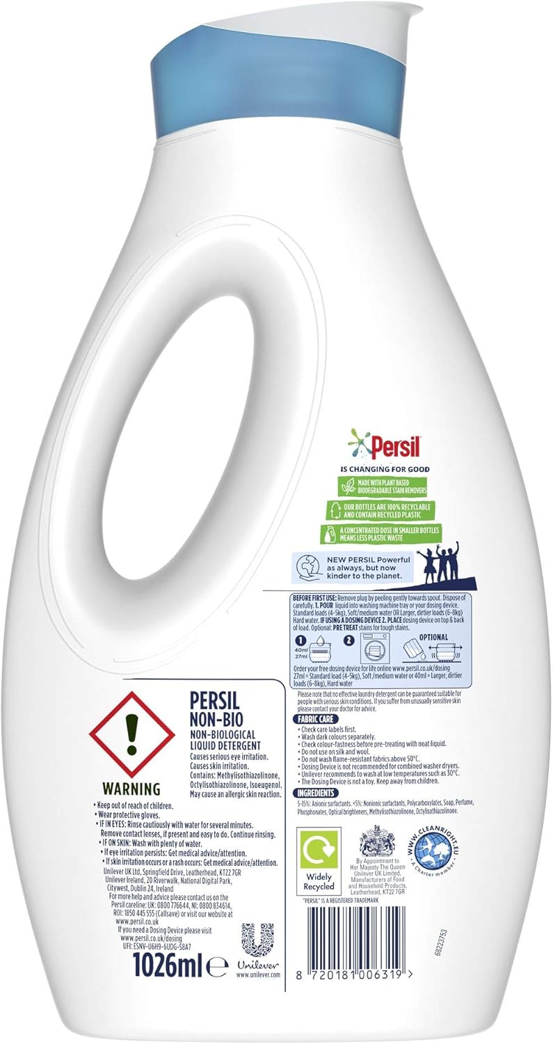 Persil Non Bio Laundry Washing Liquid Detergent 100% recyclable bottle tough on stains, gentle next to sensitive skin 38 wash 1.026 l - Image 4