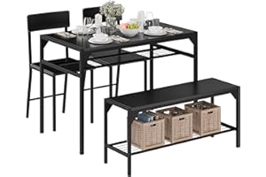 Meilocar Dining Table Set for 4, Kitchen Table with Bench and 2 Chairs, 4 Piece Dining Table Set with Storage Rack, Industrial Kitchen Table Set for Small Space, Black