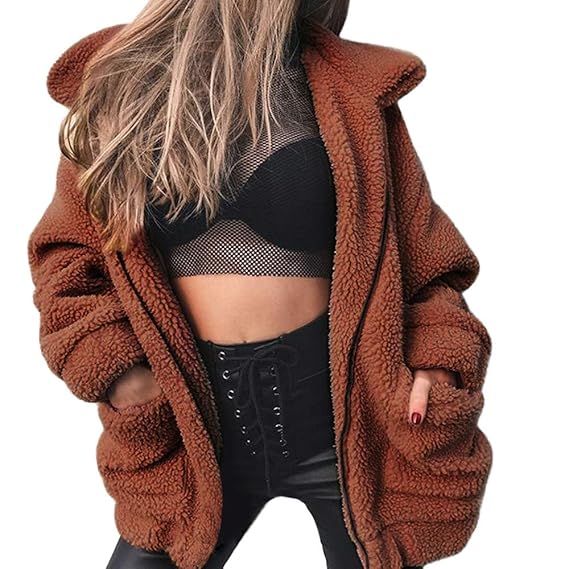 Longra Damen Herbst Winter Jacke Mantel mit Reißverschluss Revers übergangsjacke Steppjacke Wolljacke Damen Fleecejacke Teddy