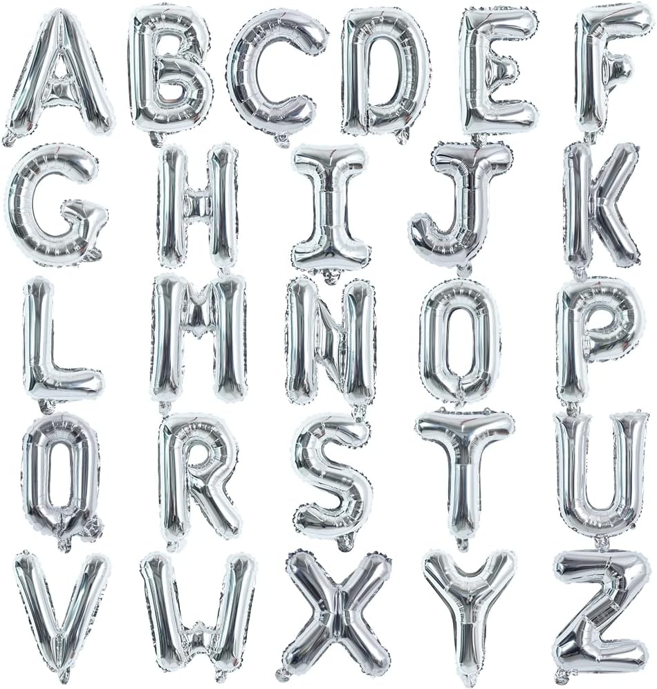 TONIFUL 16 Inch Letter Balloons 52 Pieces Silver A-Z Alphabet Foil DIY Banner