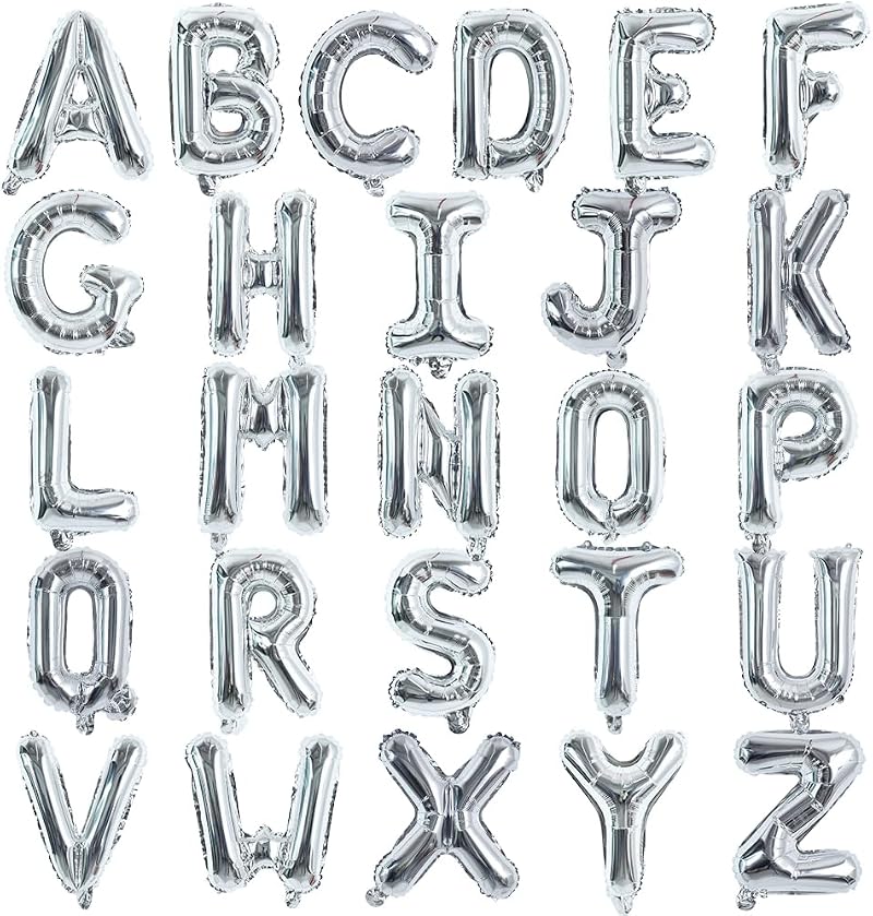 TONIFUL 16 Inch Letter Balloons 52 Pieces Silver A-Z Alphabet Foil DIY Banner