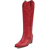 Ouepiano Cowboy Boots for Women Cowgirl Knee High Boots with Classic Embroidered Pull On & Side Zipper Pointed Toe Chunky Heel Vintage Country Western Wide Calf Botas