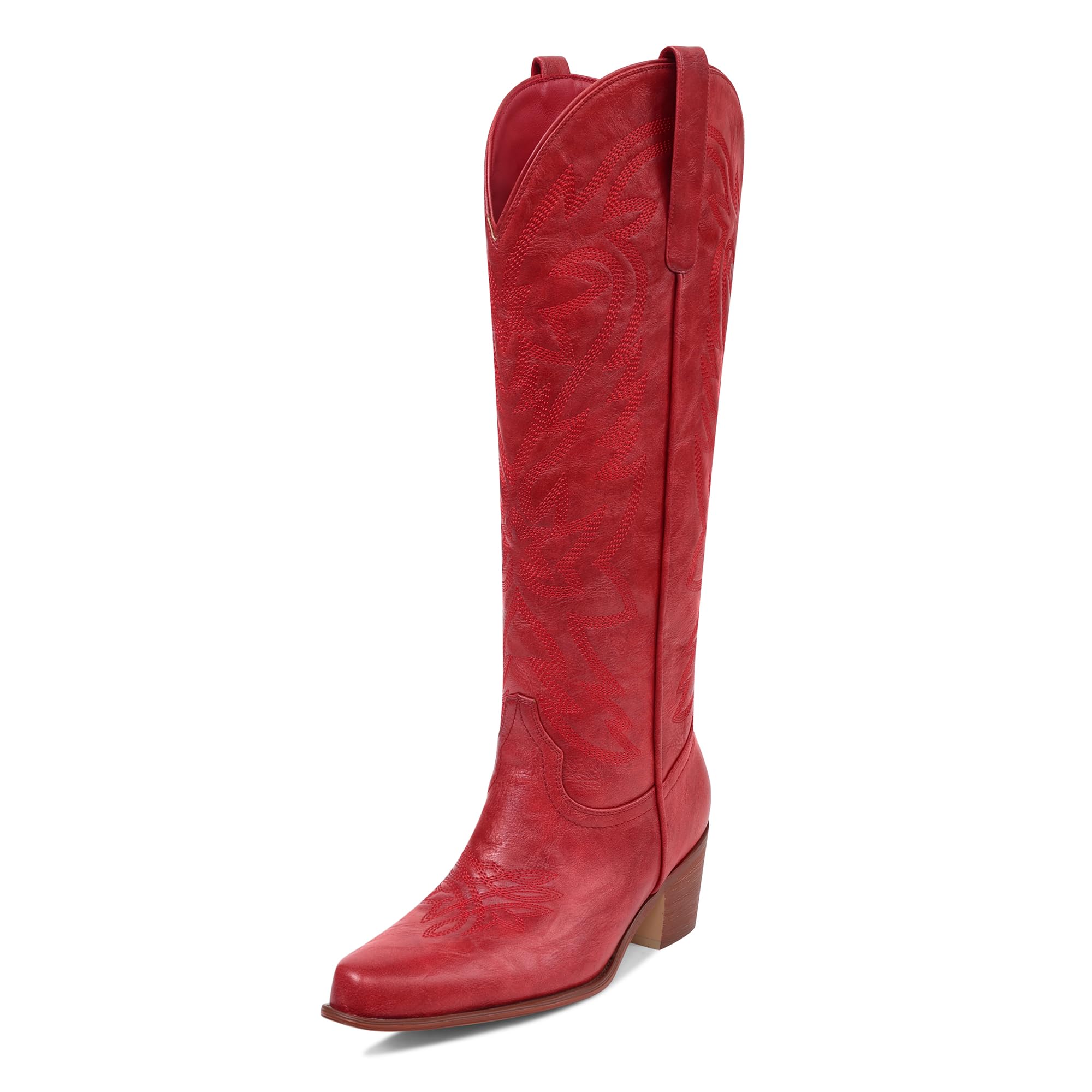 View 1 of ***DAMAGED - SEE NOTES/PICTURES*** Ouepiano Red Cowboy Boots for Women Cowgirl Knee High Boots with Classic Embroidered Pull On & Side Zipper Pointed Toe Chunky Heel Vintage Country Western Boots Size 8