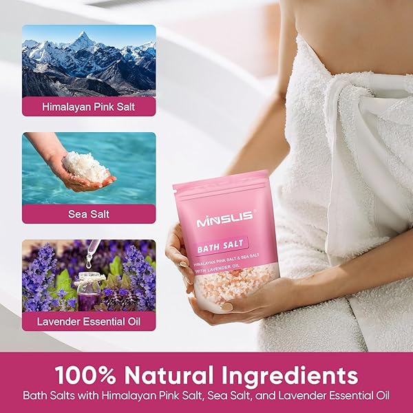 MINSLIS BATH SALTS FOR WOMEN RELAXING, HIMALAYAN PINK SALT WITH LAVENDER OIL ESSENTIAL OIL & SEA SALTS 100% NATURAL AROMATHERAPY AND RELAXATION FOOT SPA BODY FOR PAIN RELIEF