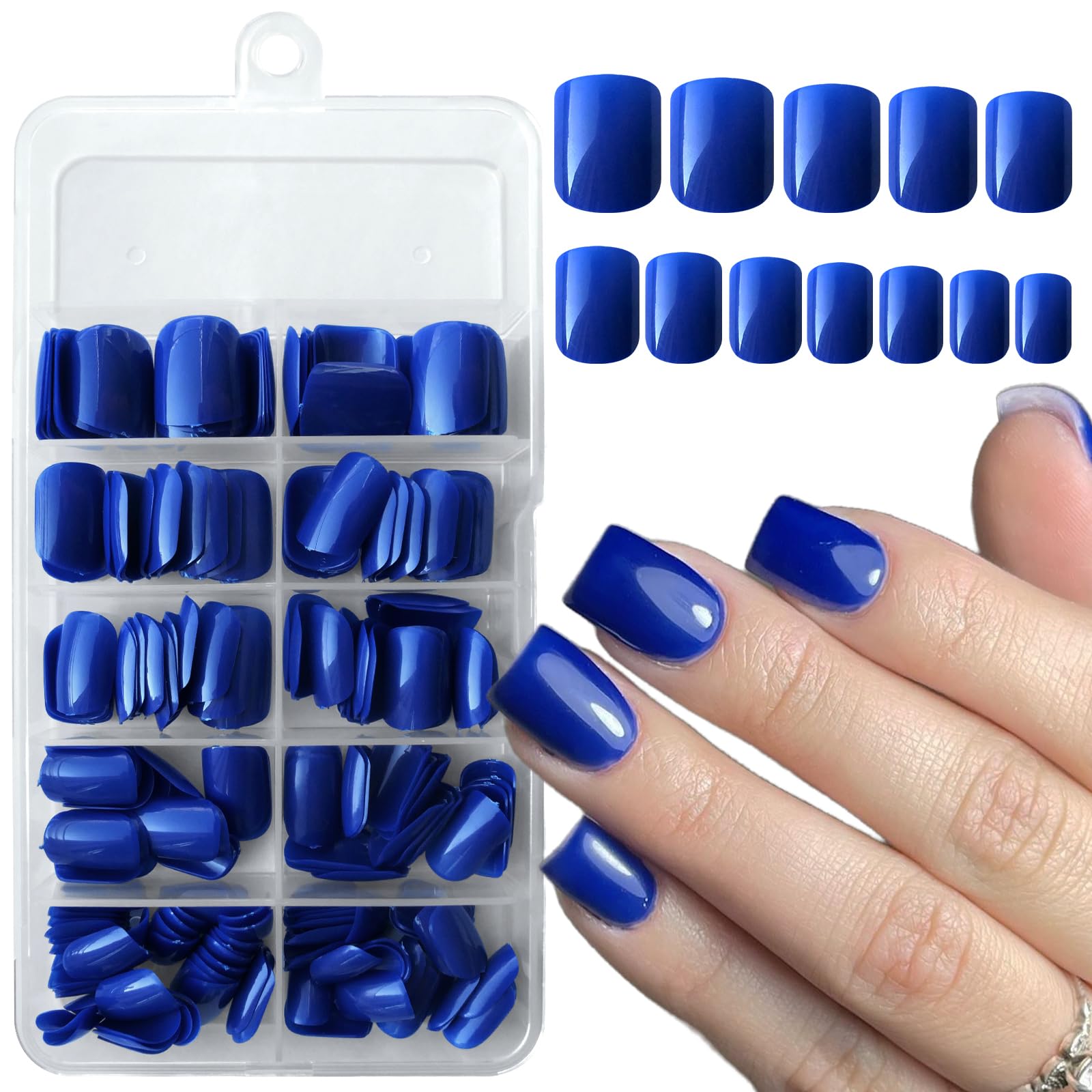 Photo 1 of (thin press on nails) Bellelfin 240pcs Short Press on Nails Jewel Blue Full Cover Short Square Glossy Fake Nails Acrylic Artificial False Nail Tips with 5 Sheets Adhesive Glue Tabs for Women and Girls