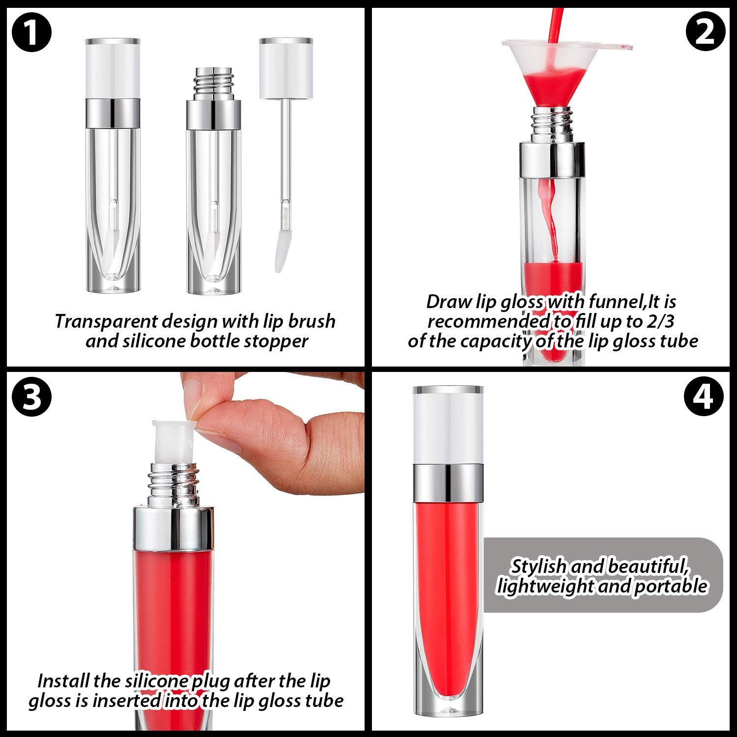 15 Pieces Lip Gloss Tube Empty Plastic Lipstick Sample Refillable Lip Balm Bottle Container and 3 Funnel for Women Girls Cosmetic, Liquid, Toiletry, Travel Home (White) : Beauty