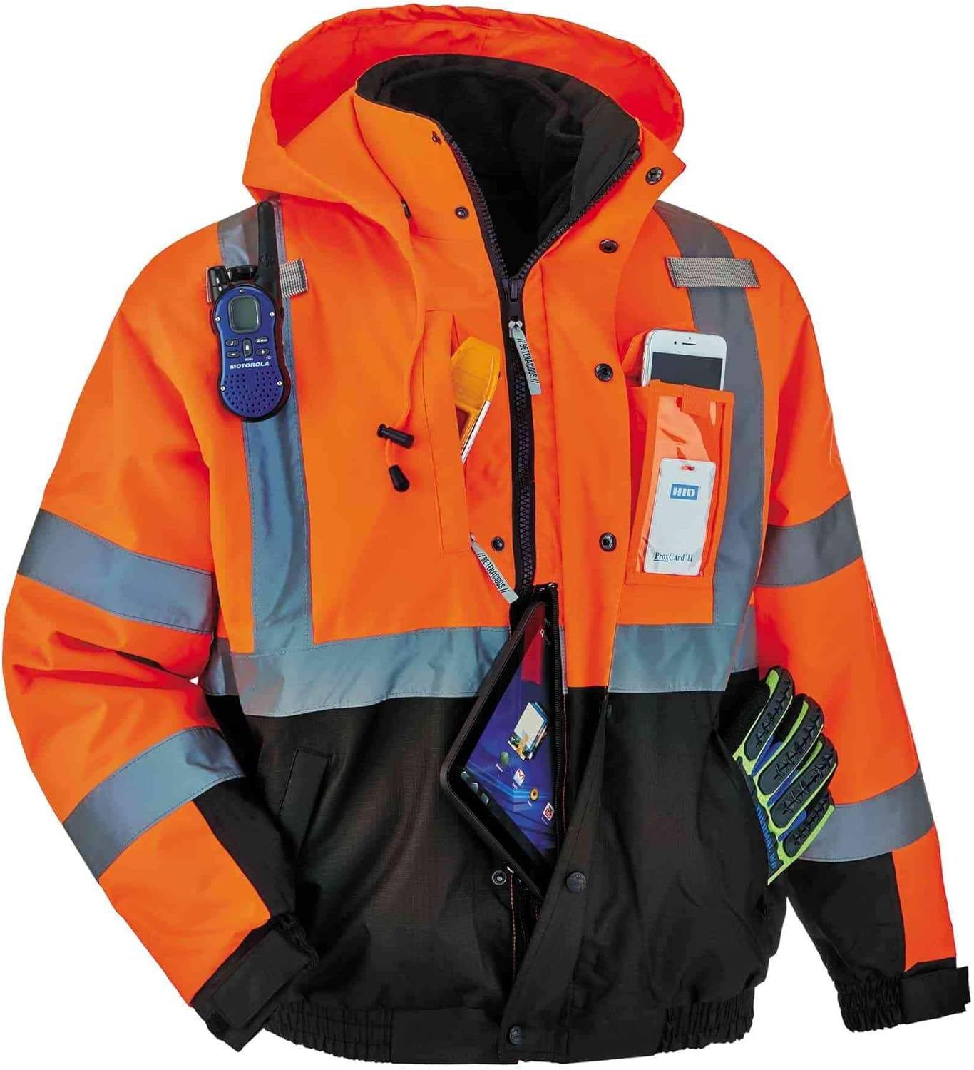High Visibility Reflective Winter Bomber Jacket, Black Bottom, Zip Out Fleece Liner, ANSI Compliant, Ergodyne GloWear 8381 - - 