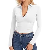 Eyanse Womens Polo Shirts Long Sleeve,Cropped Collared Shirt Cute Fitted V Neck Tops with Button