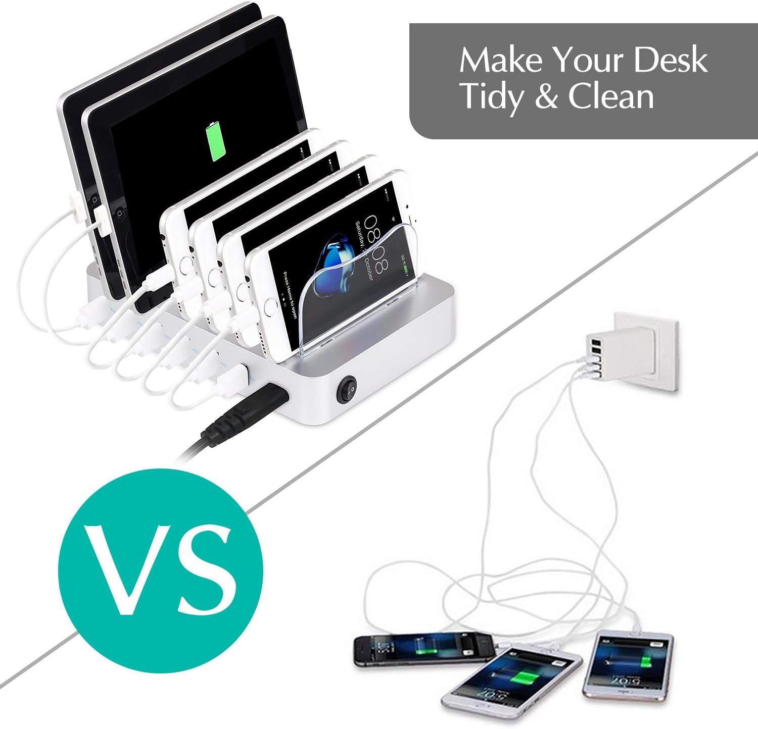 PRITEK Charging Station Dock & Organizer Compatible with Cellphone Tablet & Other Gadget 6-Port USB Charger Station & Docking Station with Charging Status Indicator include 6pcs cable (Silver) - Image 4