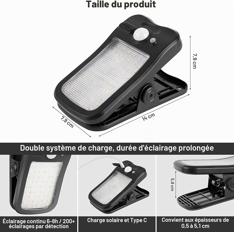 4 lampes solaires avec clip avec détecteur de mouvement, lampes solaires pour extérieur de 3 modes & 3 couleurs, 800lm, USB+Télécommande, Lampe solaire étanche pour balustrade, 4 Pièces — photo 7 sur 8