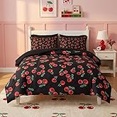 Nesker 7 Pcs Comforter Set Full Size, Retro Red Black Bedding for Kids Teen, Cherry Fruit Bed Sheet with Pillowcase & Sham