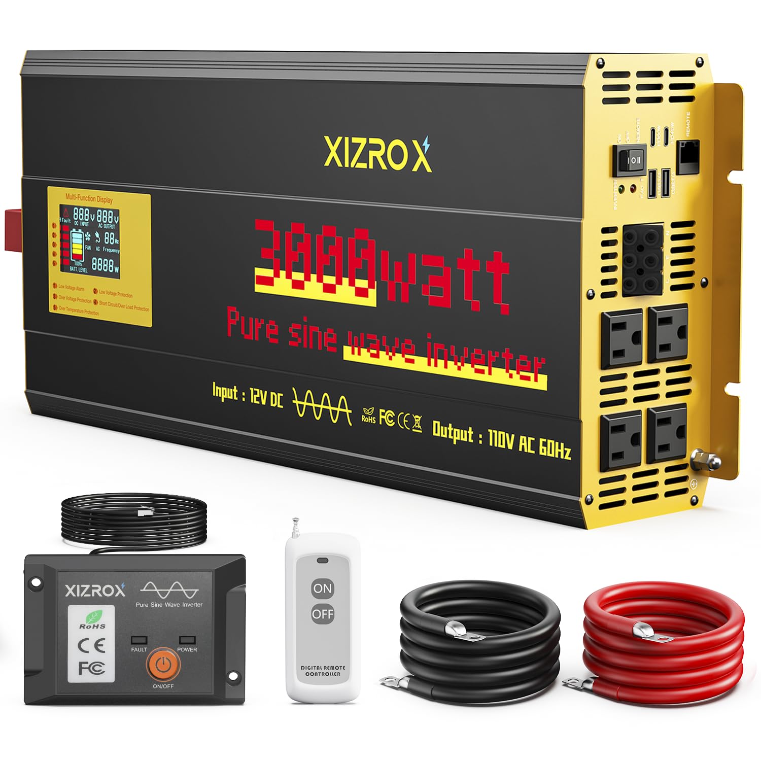 Photo 1 of 3000W Pure Sine Wave Inverter, 12V DC to 110/120V AC, 9-Port Power Inverter with 4 AC Outlets, 2 USB, 2 Type-C (60W+45W Fast Charging), LED Display, Wireless/Wired Remote for RV, Camping, Outdoor