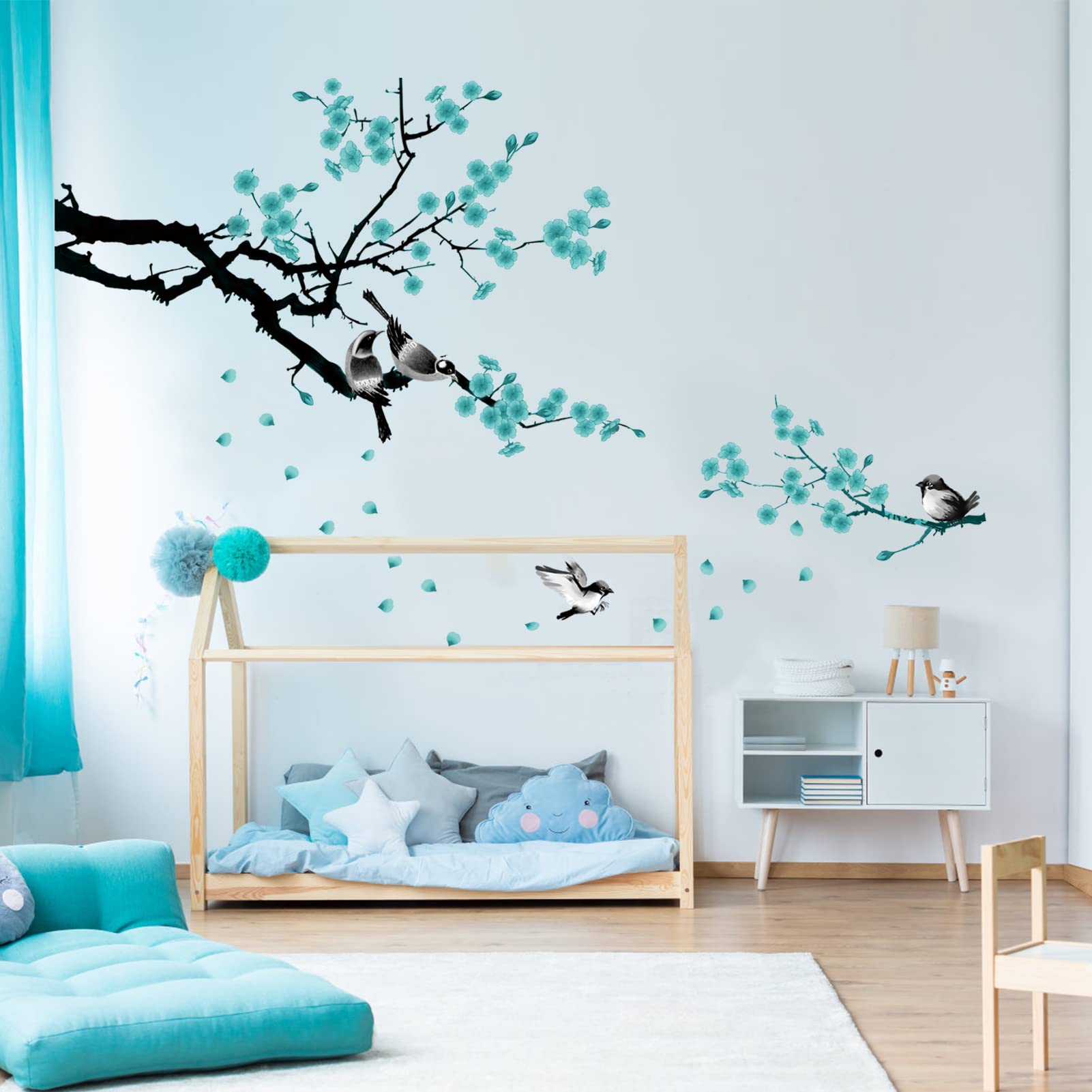 AnFigure Watercolor Blue Flower Wall Stickers - Blossom Bird Tree Branch Wall Decals - Living Room Bedroom TV Sofa Background Home Wall Decor
