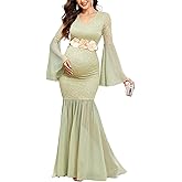 AISWI Maternity Dress Baby Shower Long Bell Sleeve Floral Lace Contrast Chiffon V-Neck Mermaid Pregnancy Photoshoot Gown