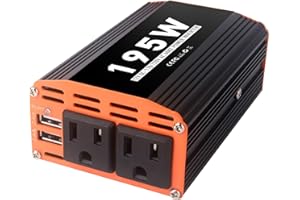 195W Car Power Inverter 12V AC to 110V/120V DC Converter Peak Power 390W Indoor & Outdoor Use with 2 AC Outlets & 2 USB Ports