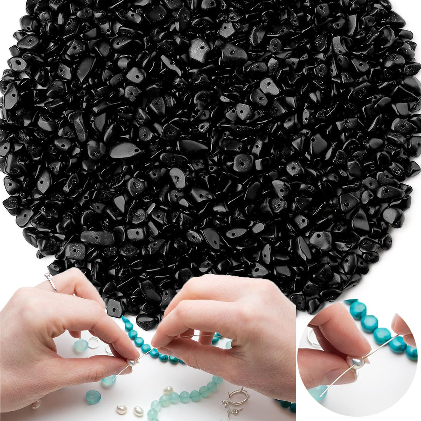 XIANNVXI 400 Pcs Drilled Black Obsidian Beads for Jewelry Making,5-8mm Irregular Tumbled Gemstone Chip Loose Craft Black Beads for Crafting