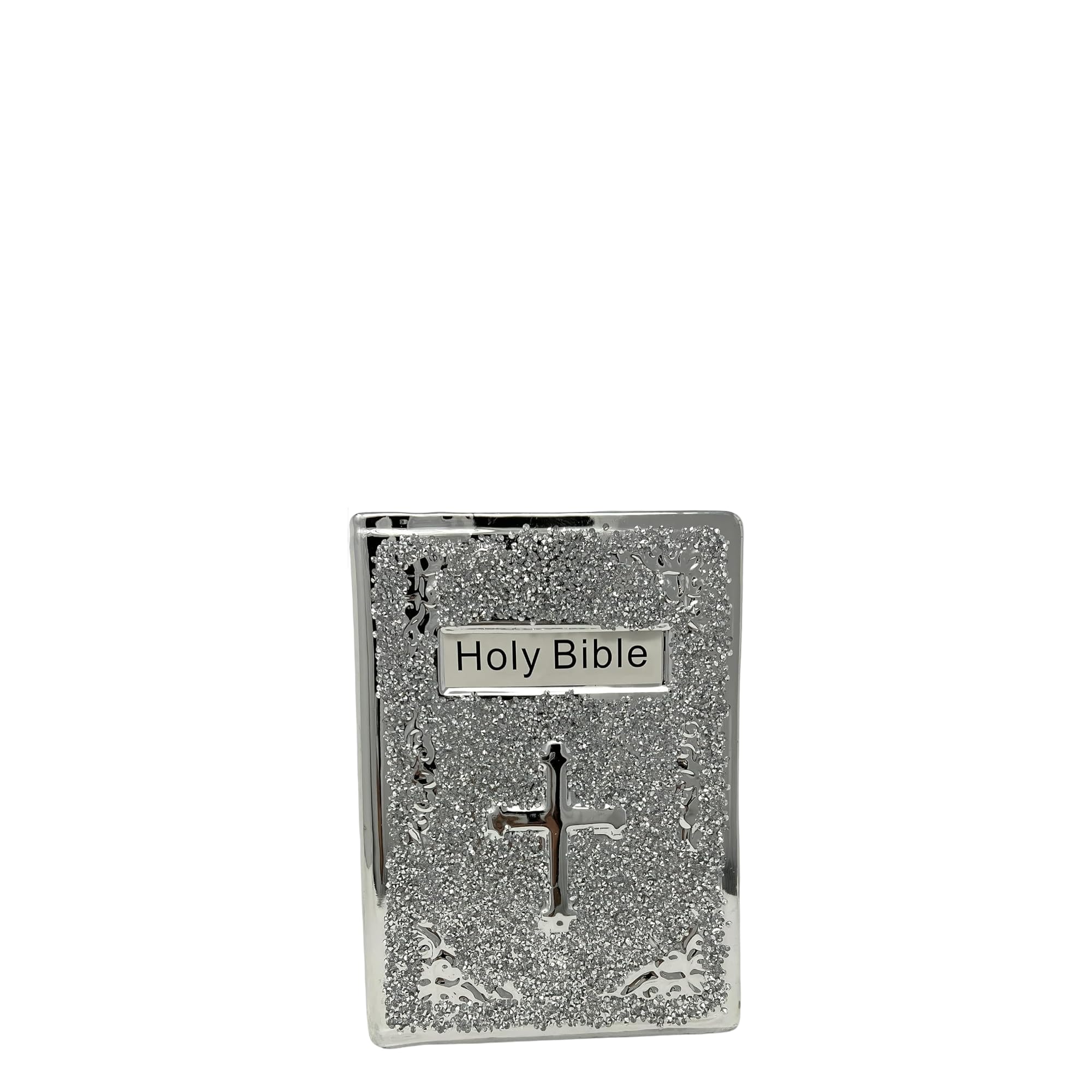 CRYSTAL CROWN Crushed Diamond Ceramic Christian Lord and Bible Book Ornaments - Elegant Figurines with Bling Sparkle - Religious Decor, Height: 25cms