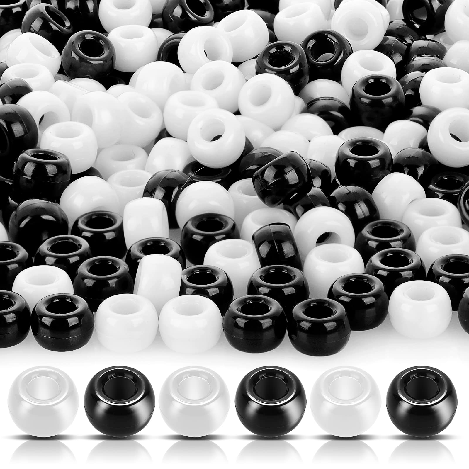 Prasacco 1000 Pieces Black and White Hair Beads for Braids - 6 x 9mm Plastic Opaque Kids Barrel Pony Beads for Craft Bracelets Jewelry Making
