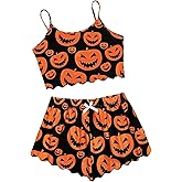 EVELUST Women Pumpkin Print Pajama Set - Halloween Lettuce Trim Cami Crop Top High Waist Shorts Loungewear Cute Sleepwear