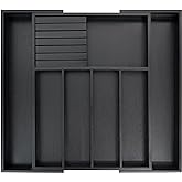 VaeFae Bamboo Silverware Drawer Organizer, 7 Slots, Black | Expandable, Kitchen Utensil Organizer, Removable Knife Block, Cutlery Tray with Divider, Fork and Spoon Holder