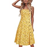 Women's Casual Summer Beach Flattering Flowy A-Line Spaghetti Straps Solid Cotton Button Down Midi Sundress