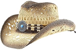 Ssguopte Straw Cowboy Hat with Decorative Bands Western Straw Cowgirl Hat with Shapeable Brim for Women Men Beige