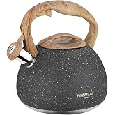 POLIVIAR Tea Kettle, 2.7 Quart Natural Stone Finish with Wood Pattern Handle Loud Whistle Food Grade Stainless Steel Teapot, Anti-Hot Handle and Anti-Rust, Suitable for All Heat Sources (JX2018-GR20)