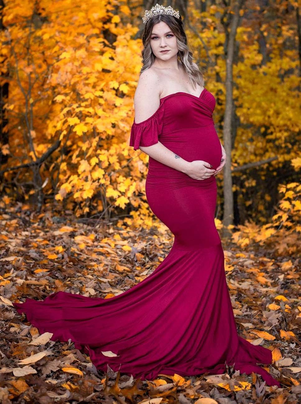 Saslax Off Shoulder Ruffle Sleeves Elegant Fitted Maxi Maternity Dress for Photoshoot Baby Shower: Clothing