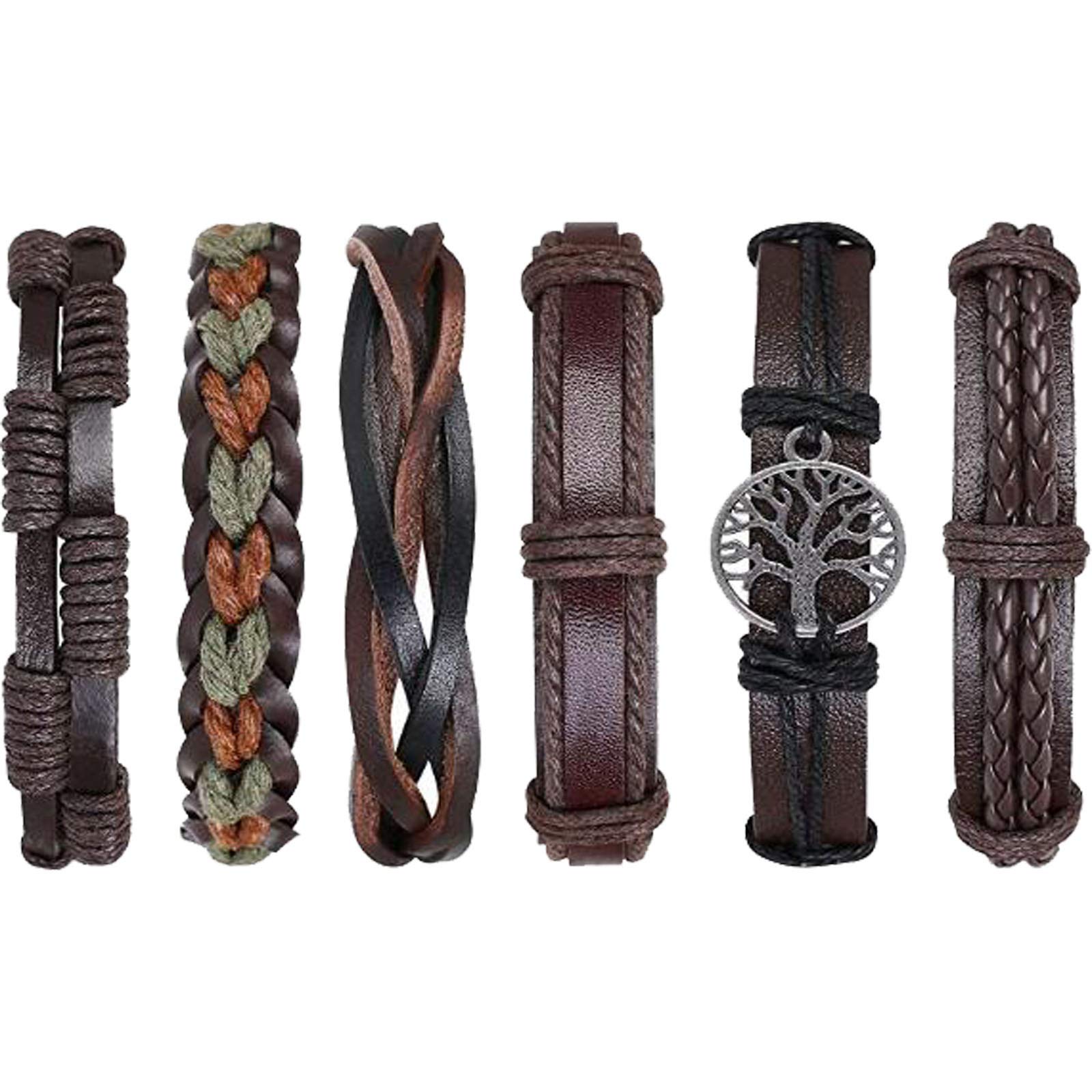 flintronic Leather Bracelet, 6Pcs Adjustable Fashion Punk Braided Men & Women Rope Bracelet Cuff Vintage Bracelets Wrap Set Series