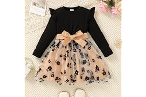 Girls Long Sleeve Black Knit Top with Ruffled Shoulders & Floral Print Mesh Skirt, Large Waist Bow for Birthday Christmas 4-7