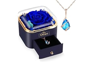 Otuo Preserved Roses Gift Jewerlry Box, Real Eternal Rose Flower with Necklace, Gifts for Girlfriend, Mom, Women, Wife, Birthday and Valentine's Day (Blue)