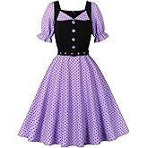 Wellwits Women's Puff Sleeves Lapel Decor Polka Dots Vintage Cocktail Dress