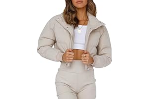 Gihuo Women' s Cropped Puffer Jacket Padded Long Sleeve Bubble Coats Winter Warm Puffy Outerwear