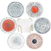 6 Pcs Absorbent Ceramic Coasters, 4 inches Drink Coasters with Golden Holder (Orange Blue)