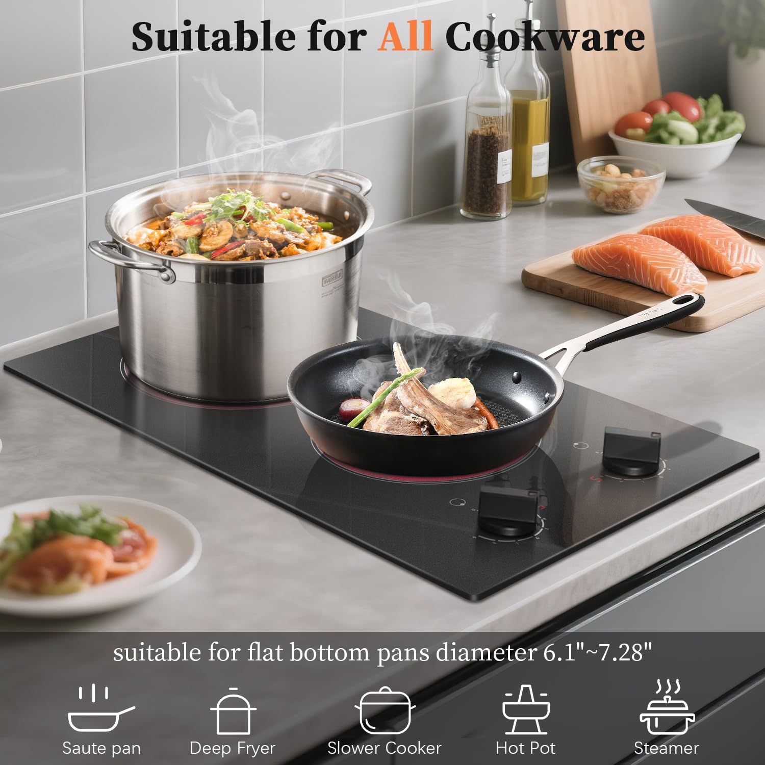 Cooksir 2 Burner Electric Cooktop - 110v Countertop and Built-in Electric Stove 2000W, 12 Inch Ceramic Stove with Residual Heat Indicator, Over-Temperature Protection, Knob Control, 110-120V Plug in