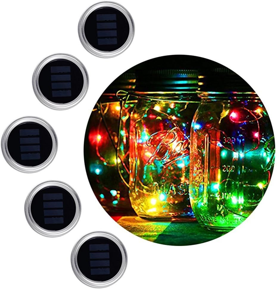 Mason Jar Light, 5 Pack colored mason jar lights 10 Led String Fairy Star Lights Screw on Silver Lids, Best for Mason Jar Decor,Patio Garden Path Lights (Colorful)