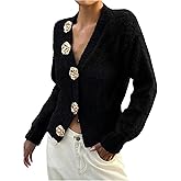 RoseSeek Women's Metallic Floral Button Up Sweater Cardigan V Neck Long Sleeve Knitwear Tops