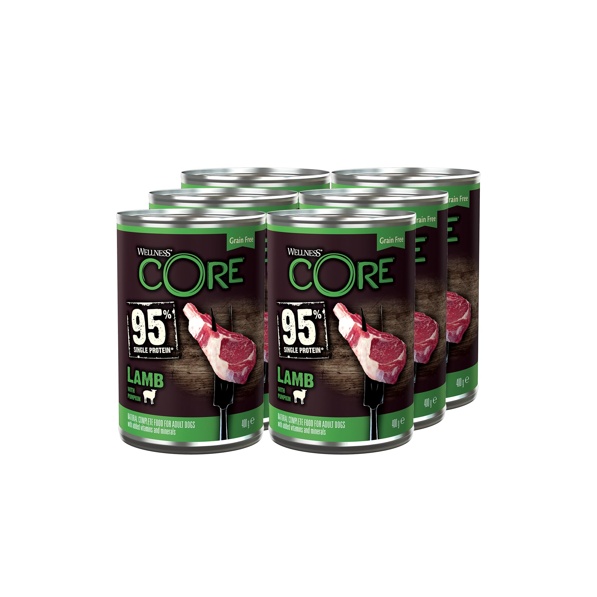 Wellness CORE 95% 6 x 400g, Lamb & Pumpkin – Wet Dog Food, Chunky Paté for Adult Dogs, Grain-Free, Natural, Hypoallergenic, Protein-Rich, High Meat Content