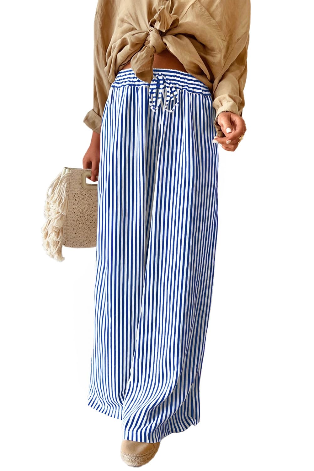Photo 1 of Acelitt Women's Casual Striped Loose Wide Leg Pants Drawstring Elastic High Waisted 2025 Summer Fashion Beach Pants Trousers Blue XXL