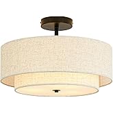 Outiron 16" Semi Flush Mount Ceiling Light, 3-Light Drum Ceiling Light Fixture with 2-Tier Fabric Linen Shade, Farmhouse Chan