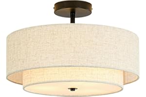 Outiron 16" Semi Flush Mount Ceiling Light, 3-Light Drum Ceiling Light Fixture with 2-Tier Fabric Linen Shade, Farmhouse Chandelier for Dining Room, Living Room, Bedroom, Kitchen, Hallway, Entryway