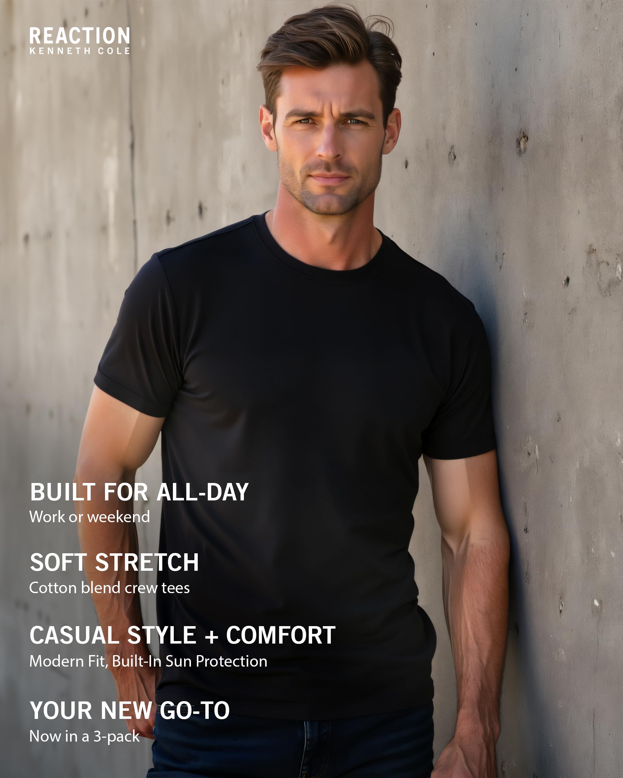 Kenneth Cole REACTION Mens T-Shirt Pack of 3 - UPF 50+ Cotton/Spandex Jersey Slim Fit White T Shirts for Men Pack (Black/Olive/Navy, Large)