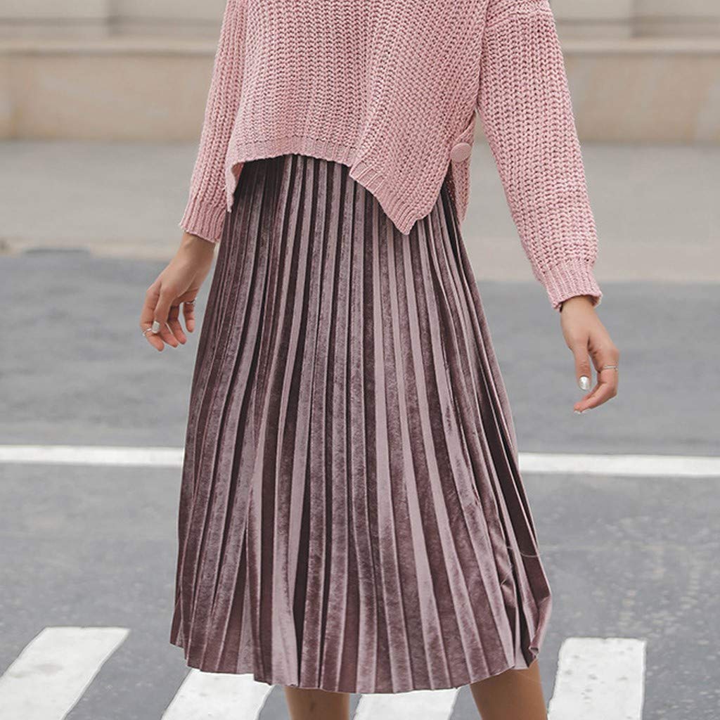 Women Pleated Skirt Fashion Solid High Waist Casual Elegant Elastic Midi Skirt