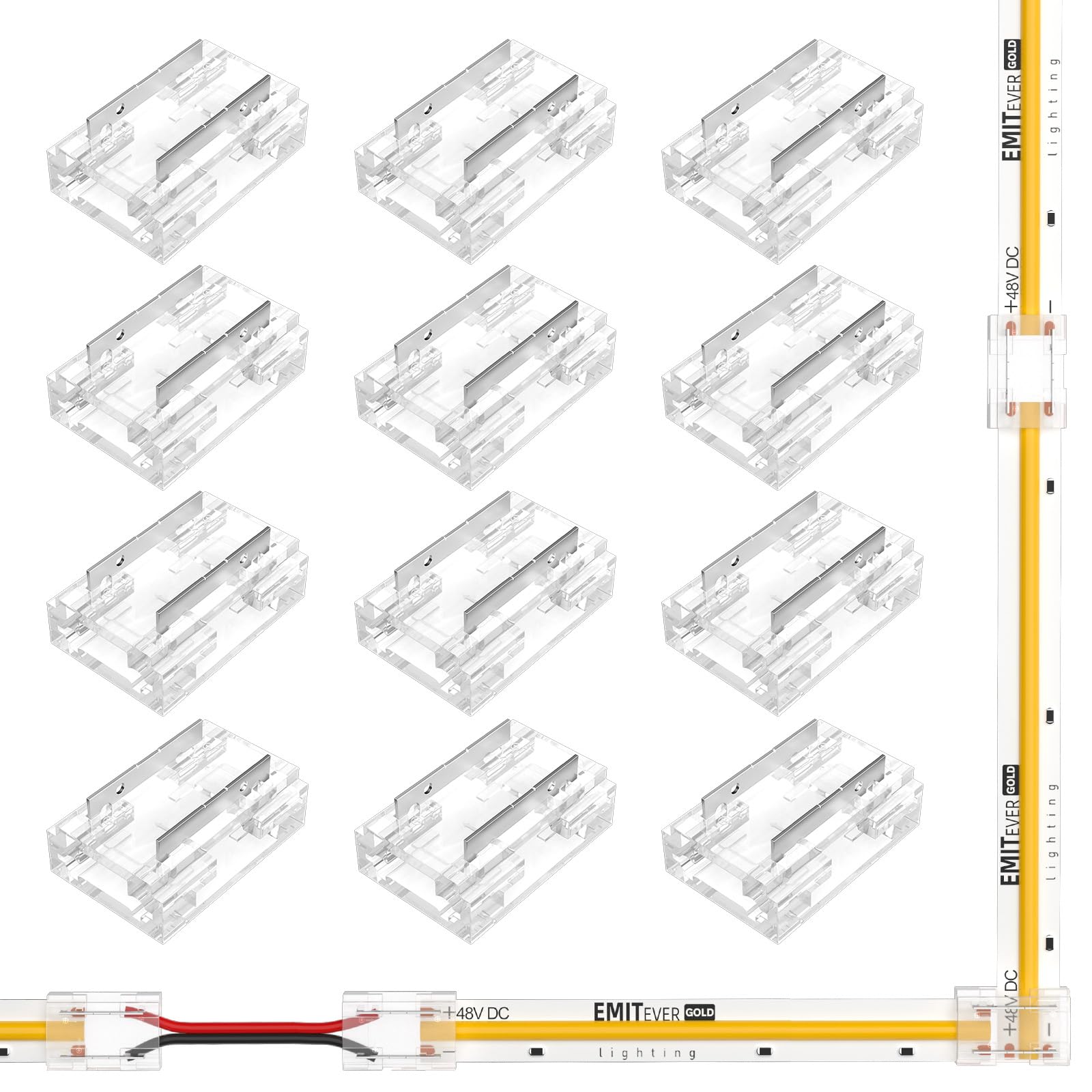 Photo 1 of ?EMITEVER 8-in-1 LED Strip Connectors 12pcs, 2 Pin 10mm COB Tape Lights Terminal Connectors 8 Types Solderless Transparent Connection for? 5V 12V 24V?Straight, Corner, Strip to Strip, Strip to Wire?