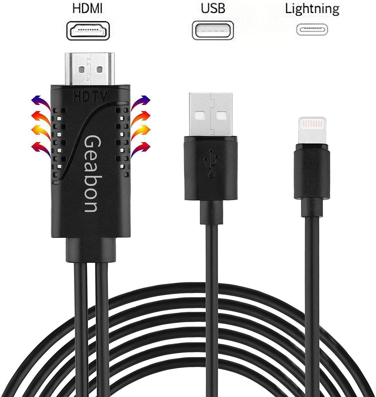 Geabon Compatible with Pad Phone to HDMI Adapter Cable, 6.6ft Phone to HDMI Cable, HDMI Adapter Cord Support 1080P HDTV Compatible with Phone X 8 7 6 Plus 5s 5, Pad, Pod to TV Projector Monitor