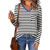 Bashafo Womens Fall Casual Long Sleeve Tops V Neck Striped Shirt with Poket