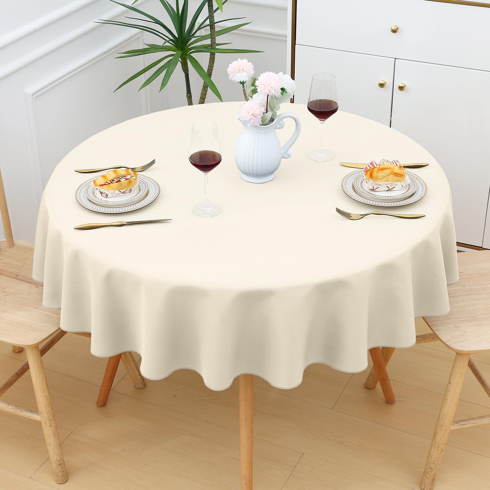 smiry Table Cloth Wipe Clean Round 150 cm, Wipeable Water Resistant Polyester Tablecloth, Washable Fabric 4 to 6 Seater Dining Table Cover for Kitchen Indoor Outdoor, Beige — image 1